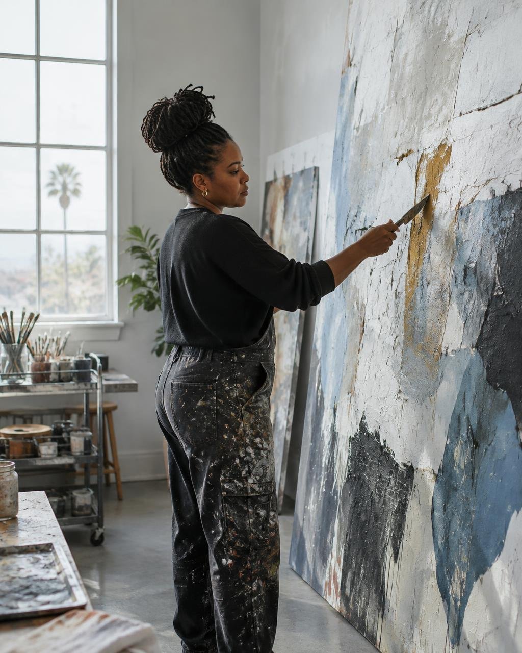Artist working on a large original canvas in the studio